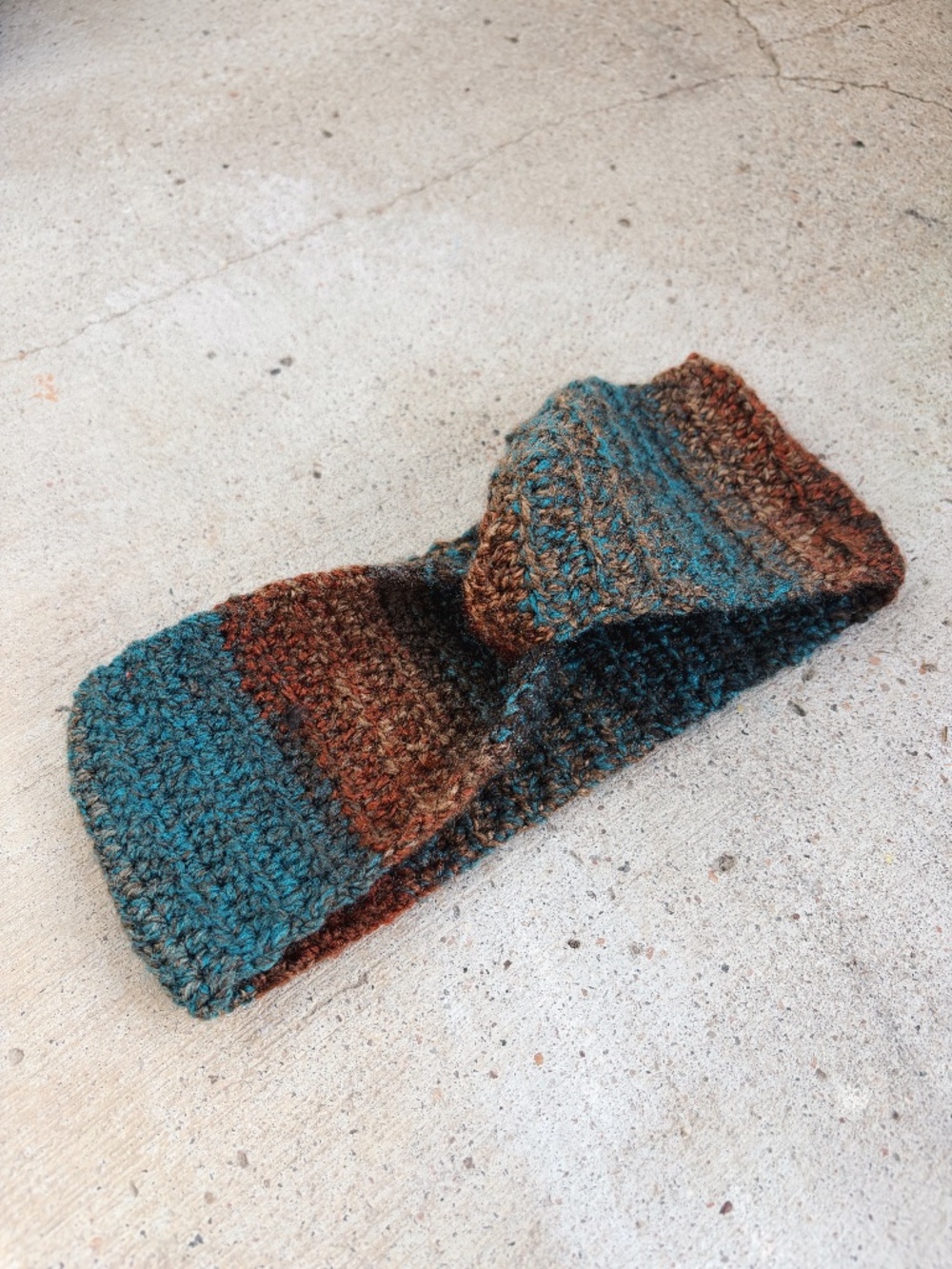 Handmade Crocheted Twist Headband/Earwarmer in Turquoise, Brown, and Orange